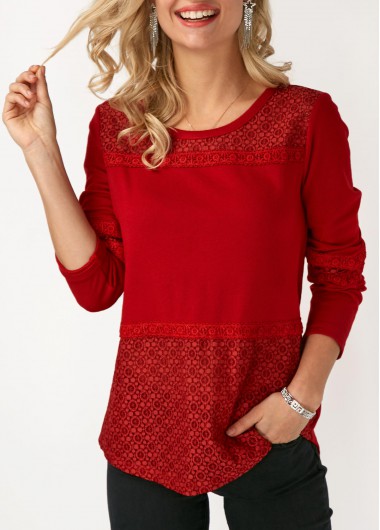 Modlily Lace Panel Round Neck Long Sleeve T Shirt - M