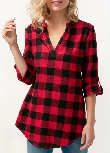 Modlily Plaid Print Split Neck Roll Tab Sleeve Blouse - S