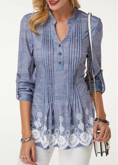 Modlily Casual Grey Crinkle Chest Floral Print Polyester Split Neck Blouse - S