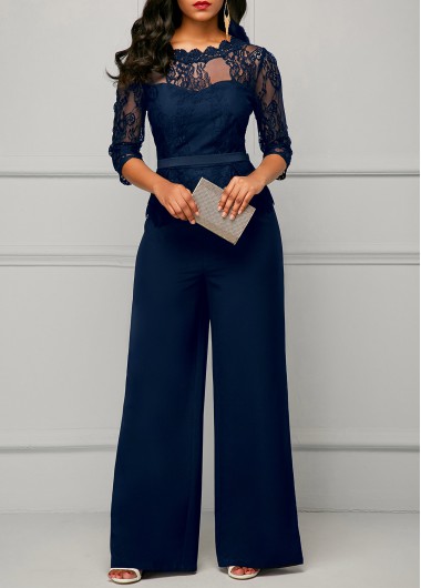 Modlily Lace Panel Round Neck Three Quarter Sleeve Jumpsuit - L