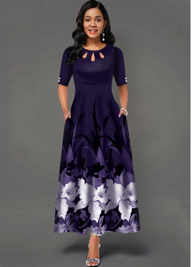 Floral Print Cutout Neck Side Pocket Maxi Dress - L