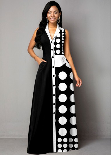 Button Up Polka Dot Color Block Maxi Dress - L