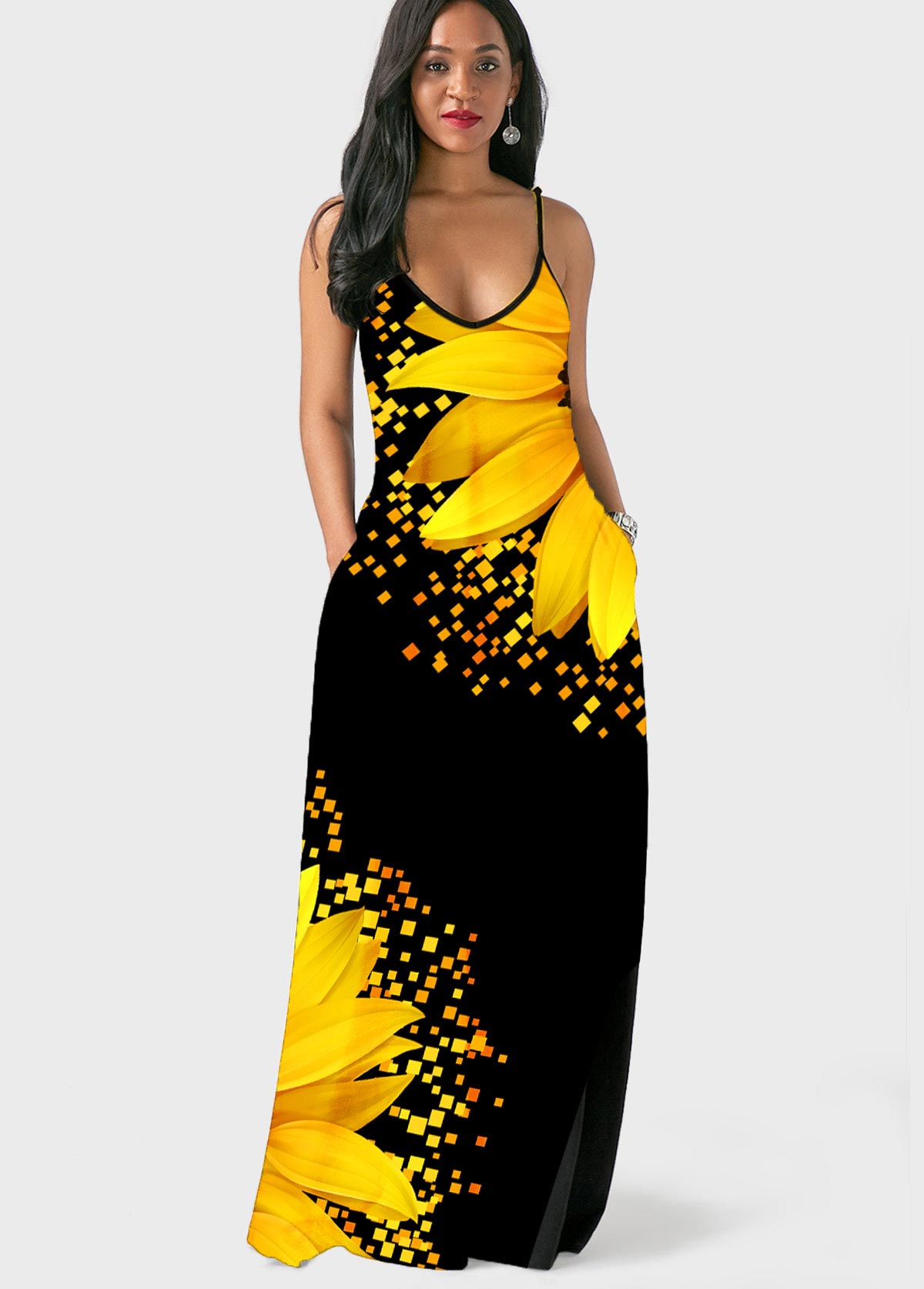 Sunflower Print Spaghetti Strap Side Pocket Maxi Dress