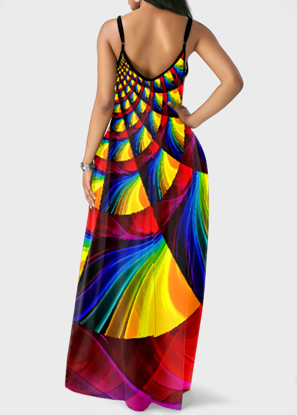 Geometric Print Side Pocket Rainbow Color Maxi Dress