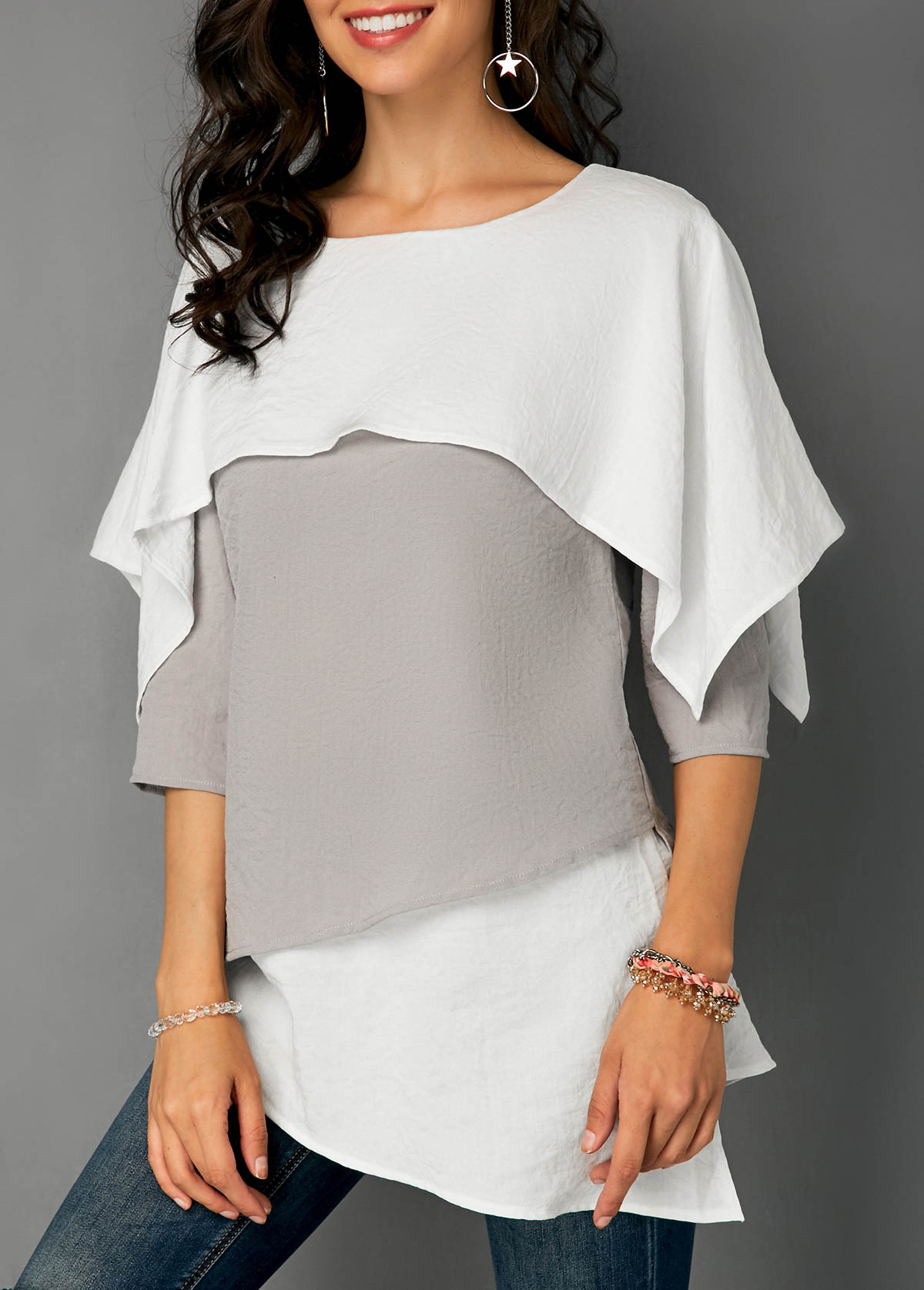 Contrast Overlay Detail Layered Hem Blouse | picture 