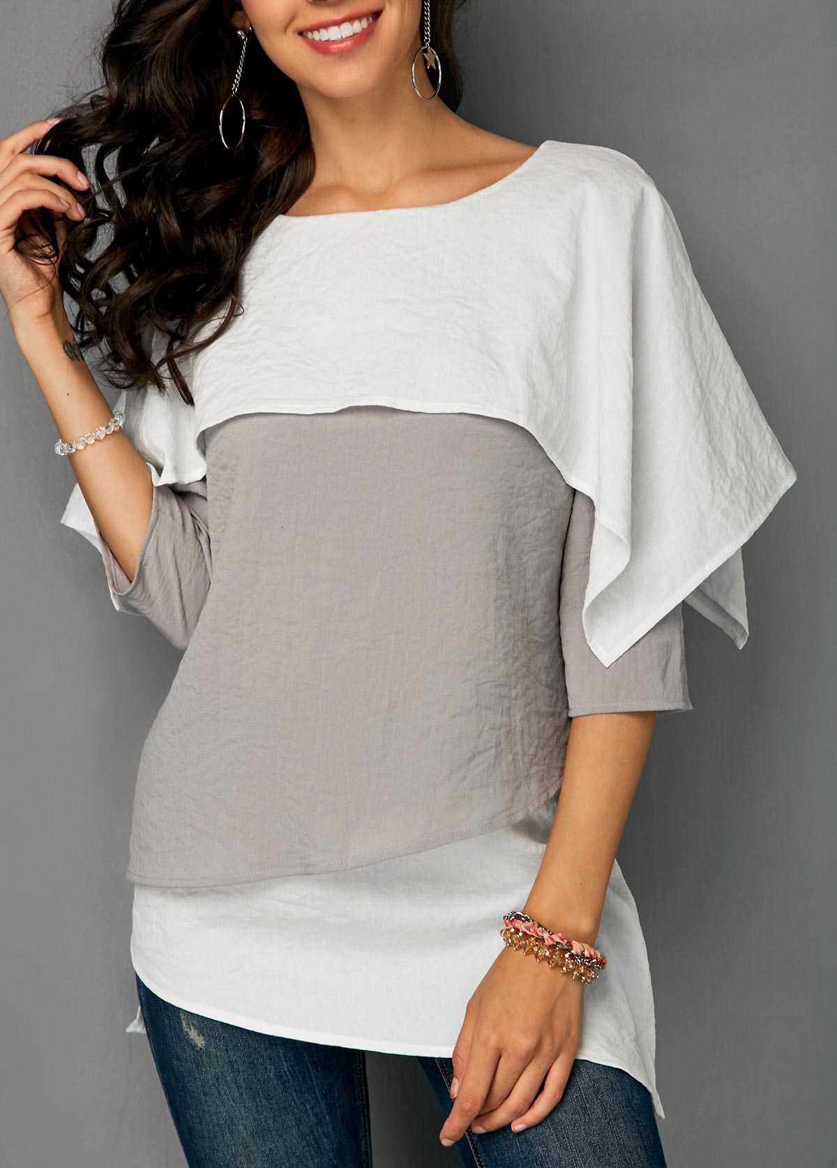 Contrast Overlay Detail Layered Hem Blouse | picture 
