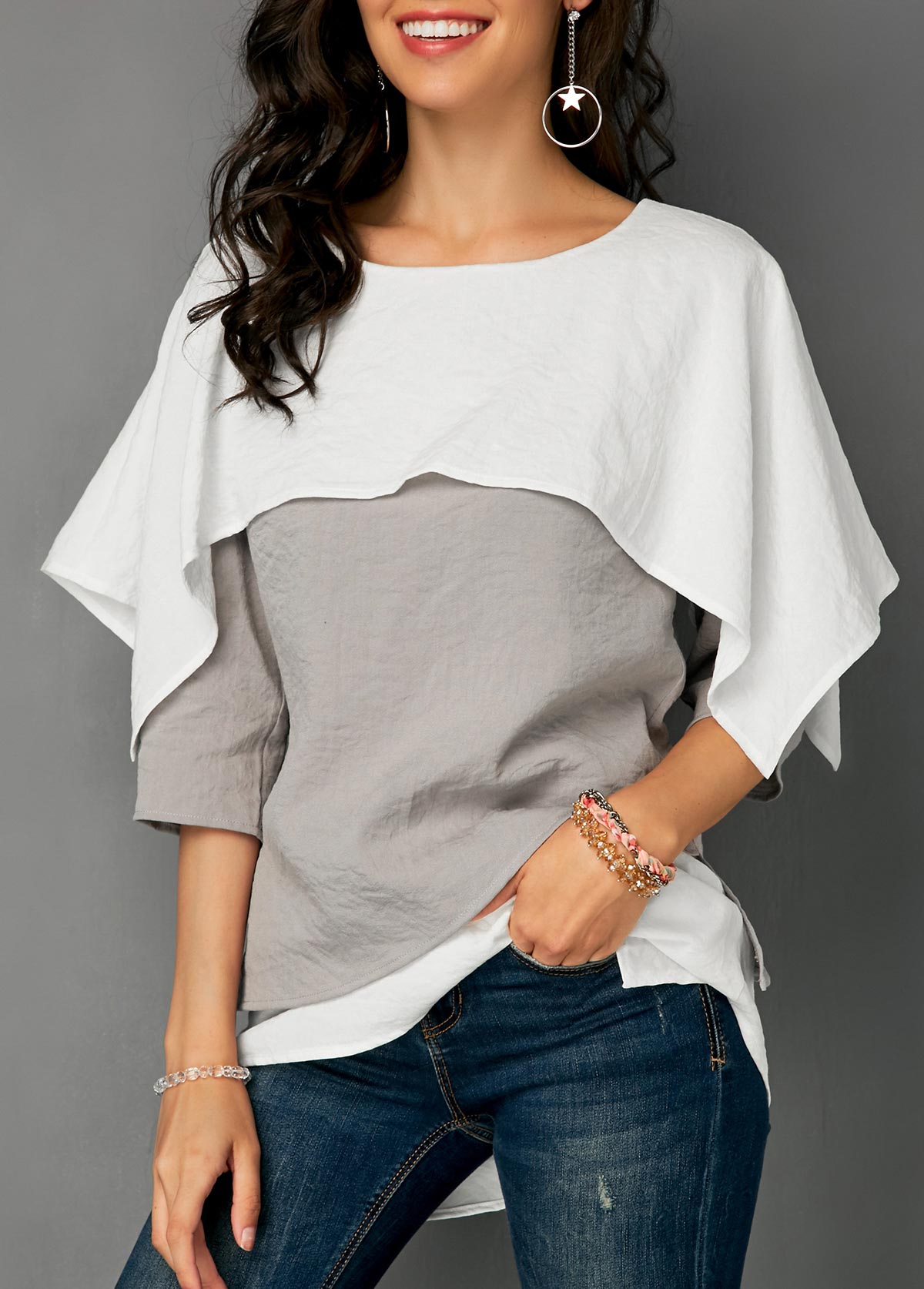 Contrast Overlay Detail Layered Hem Blouse | picture 