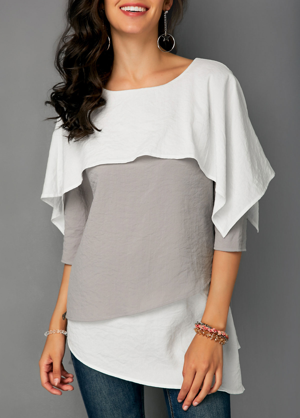 Contrast Overlay Detail Layered Hem Blouse | picture 