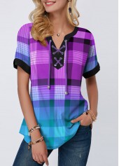 Purple Plaid Short Sleeve Split Neck Blouse