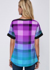 Purple Plaid Short Sleeve Split Neck Blouse | thumb picture 