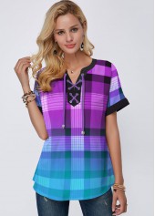 Purple Plaid Short Sleeve Split Neck Blouse | thumb picture 