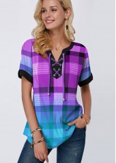 Purple Plaid Short Sleeve Split Neck Blouse | thumb picture 