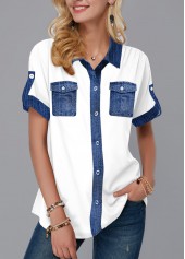 Faux Denim Button Up Turndown Collar Blouse