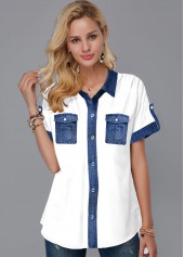 Faux Denim Button Up Turndown Collar Blouse | thumb picture 