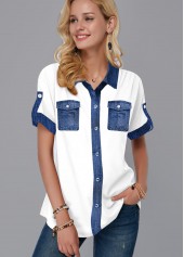 Faux Denim Button Up Turndown Collar Blouse | thumb picture 