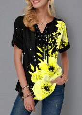 Floral Print Lace Up Short Sleeve Blouse