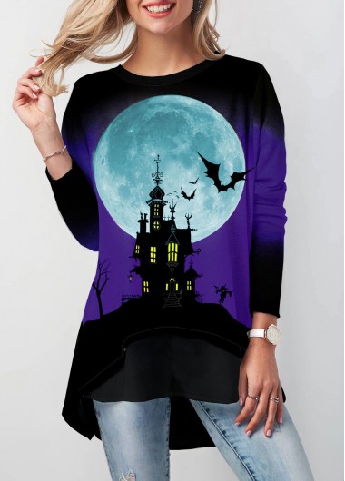 Modlily Halloween Print Button Detail Dip Hem T Shirt - XXL