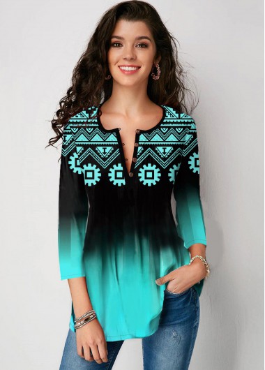 Modlily Tribal Print Gradient Three Quarter Sleeve Blouse - S