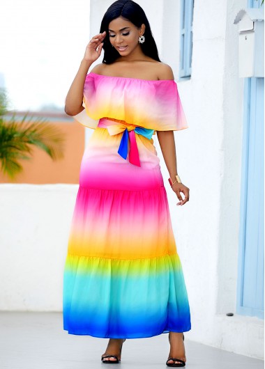 Modlily Rainbow Color Printed Ruffle Overlay Maxi Dress - XS
