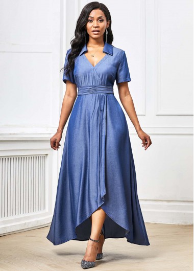 Asymmetric Hem Plunging Neck Short Sleeve Maxi Dress - L