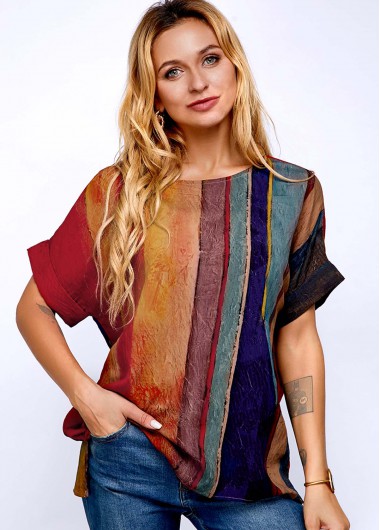 Modlily Round Neck Stripe Print Short Sleeve T Shirt - XS