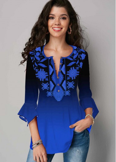 Modlily Tribal Print Hanky Cuff Gradient Blouse - M