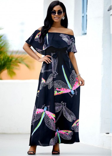 Modlily Belted Dragonfly Print Off the Shoulder Maxi Dress - XS