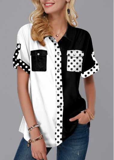 Modlily Polka Dot Chest Pocket Color Block Blouse - M