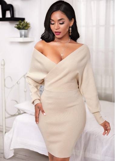 V Neck Crossover Batwing Sleeve Sweater Dress - L