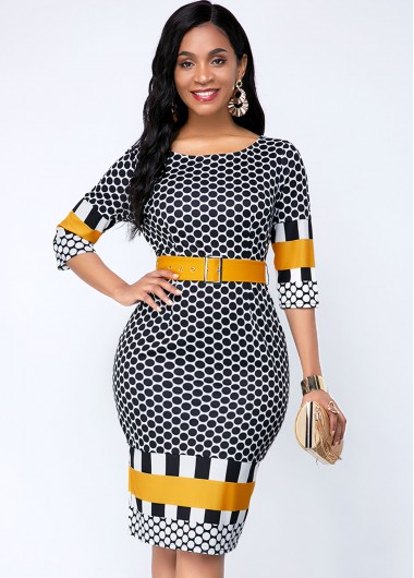 Modlily Geometric Print Buckle Belted Three Quarter Sleeve Dress - S