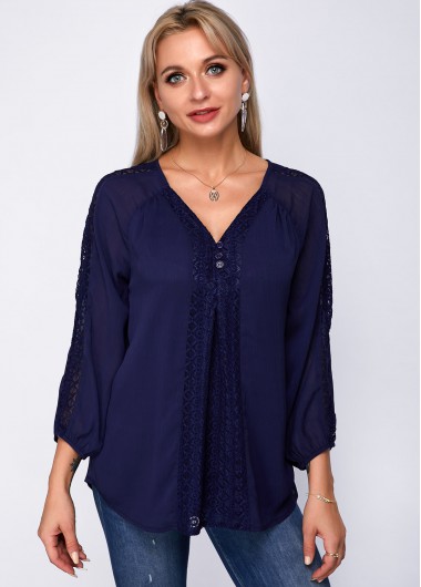 Modlily Lace Panel V Neck Three Quarter Sleeve Blouse - XS