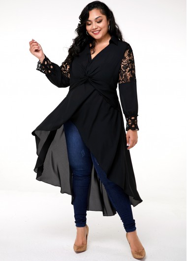 Modlily Plus Size Lace Panel Cocktail Hem Blouse - 3X