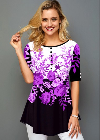 Modlily Floral Print Round Neck Button Detail T Shirt - XS