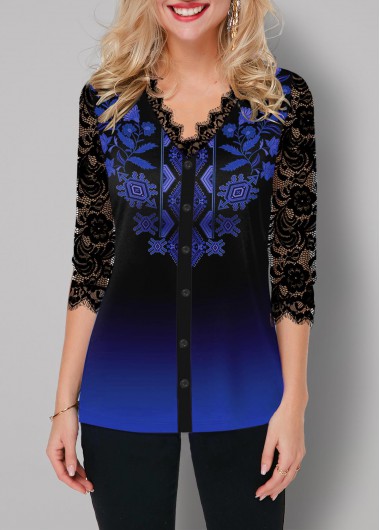 Modlily Ombre Lace Panel Tribal Print Button Up T Shirt - S