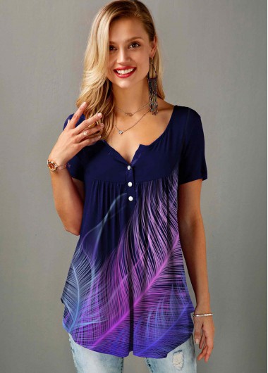 Modlily Feather Print Split Neck Short Sleeve T Shirt - XS