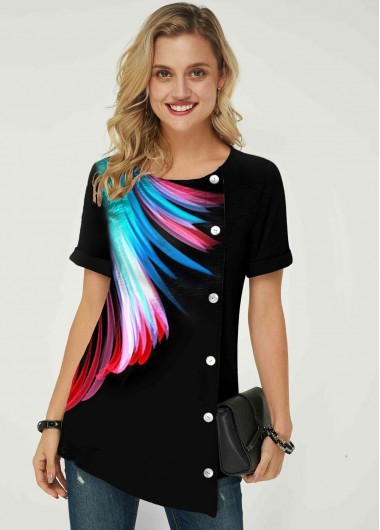 Modlily Black Short Sleeve Printed Casual Blouse Tunic Top for Women Feather Print Inclined Button Asymmetric Hem T Shirt - XS