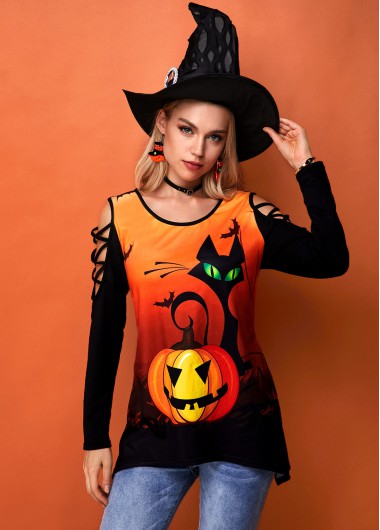 Modlily Halloween Print Strappy Shoulder Round Neck Tunic Top - XS
