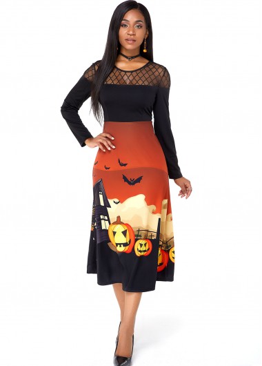 Halloween Crazy Pumpkin Mesh Panel Long Sleeve Dress - L