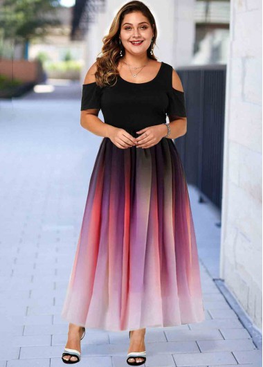 Plus Size Ombre Cold Shoulder Maxi Dress - 1X