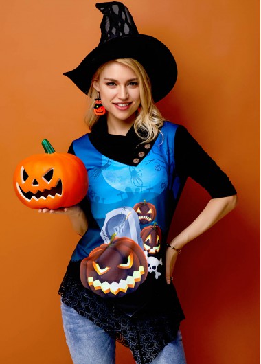 Modlily Asymmetric Hem Halloween Crazy Pumpkin Lace Panel Tunic Top - XS