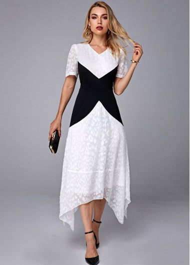 Asymmetric Hem Contrast V Neck Short Sleeve Dress - L