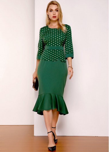 Polka Dot Round Neck Three Quarter Sleeve Dress - L