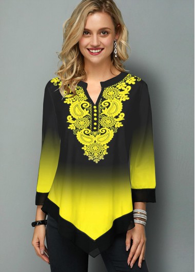 Modlily Tribal Print Ombre Asymmetric Hem Blouse - XS