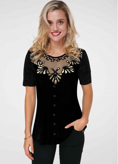 Modlily Sequin Detail Round Neck Short Sleeve T Shirt - S