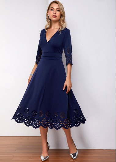 Pierced V Neck Three Quarter Sleeve Dress - L