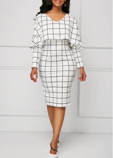 Modlily White And Black Grid Print Cape Dress Plaid Print Foldover Detail Long Sleeve Dress - XS