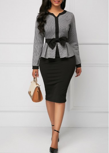 Faux Two Piece Bowknot Long Sleeve Dress - L