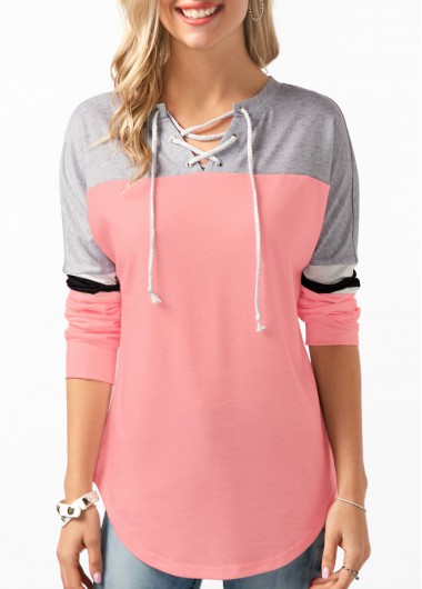 Modlily Women&apos;s Pink Casual Shirts For Women Contrast Lace Up Long Sleeve Sweatshirt - M