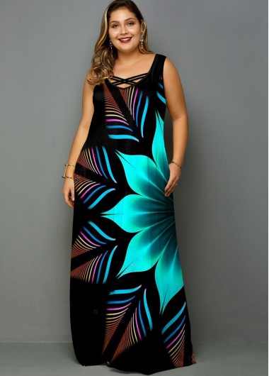 Modlily Plus Size Flower Print Wide Strap Maxi Dress - 3X