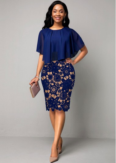 Lace Panel Cape Sleeve Navy Blue Dress - L